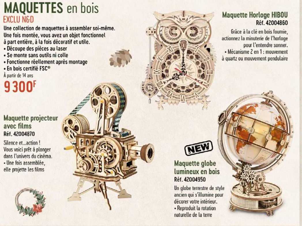 maquettes projecteur avec films, maquette globe lumineux en bois, maquette horloge hibou