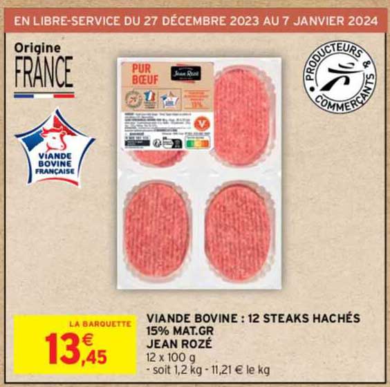 viande bovine : 12 steaks hachés 15% mat.gr jean rozé