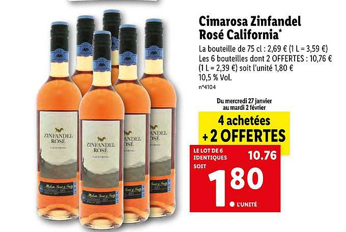 cimarosa zinfandel rosé california 4 achetées + 2 offertes