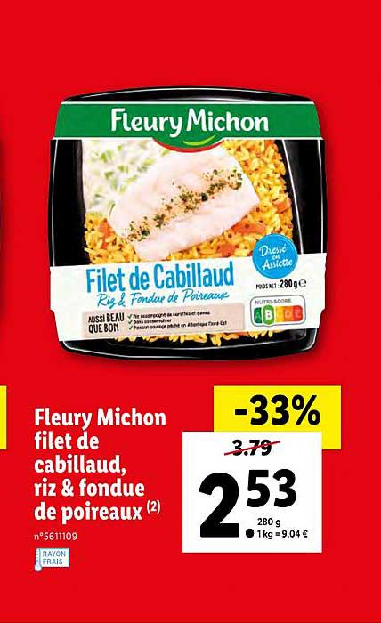 fleury michon filet de cabillaud, riz &  fondue de poireaux