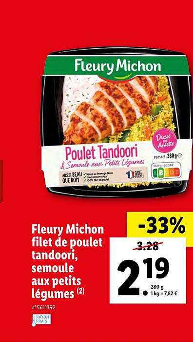 fleury michon filet de poulet tandoori, semoule aux petits légumes