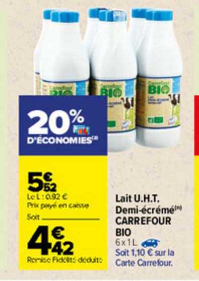 lait u.h.t. demi-écrémé carrefour bio