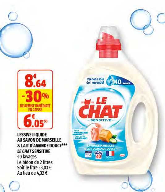 lessive liquide au savon de marseille & lait d'amande douce le chat sensitive