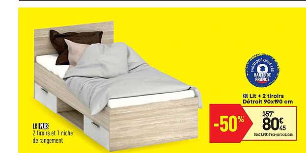 lit + 2 tiroirs détroit 90x190 cm