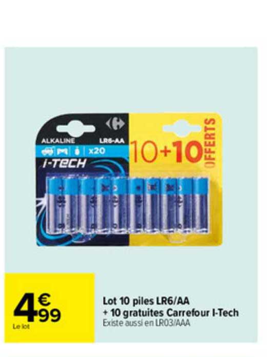 lot 10 piles lr6-aa + 10 gratuites carrefour i-tech