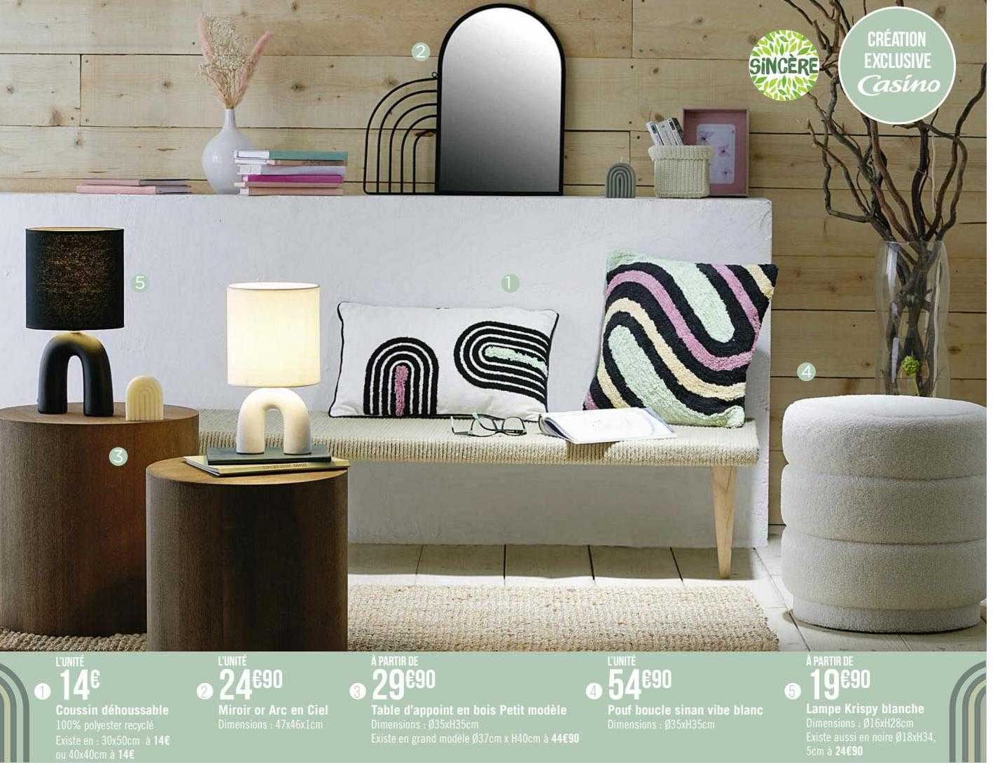 coussin déhoussable sincère, miroir or arc en ciel sincère, table d'appoint en bois petit modèle sincère, pouf boucle sinan vibe blanc sincère, lampe krispy blanche sincère