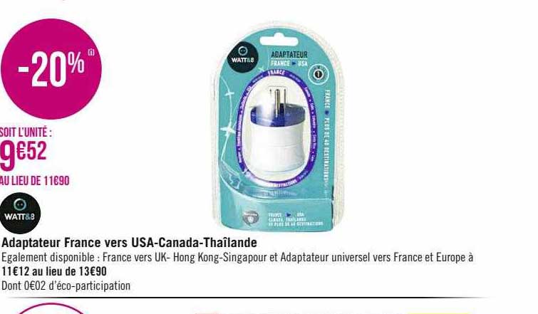 adaptateur france vers usa-canada-thaîlande watt & b