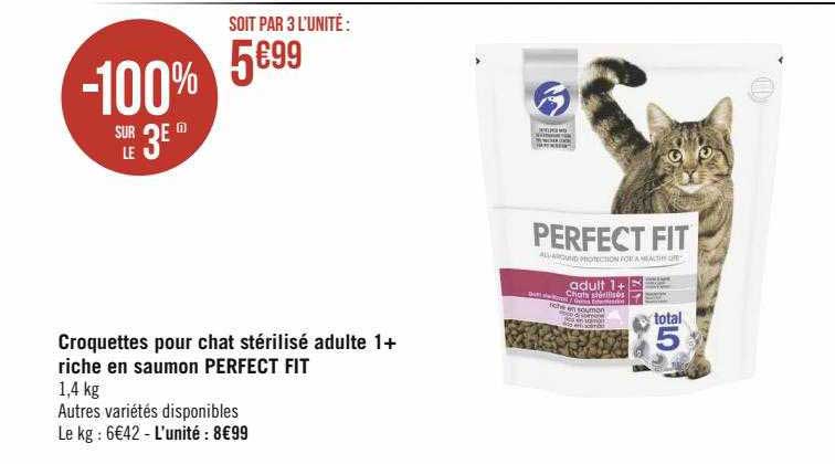 croquettes pour chat stérilisé adulte 1+ riche en saumon perfect fit