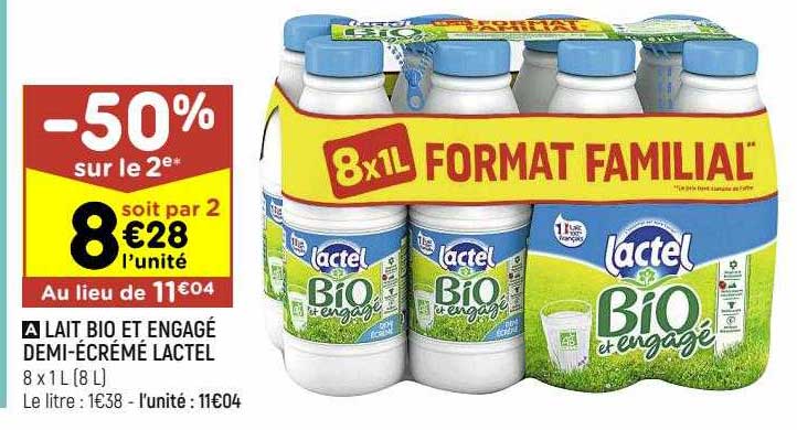 lait bio et engagé demi-écrémé lactel