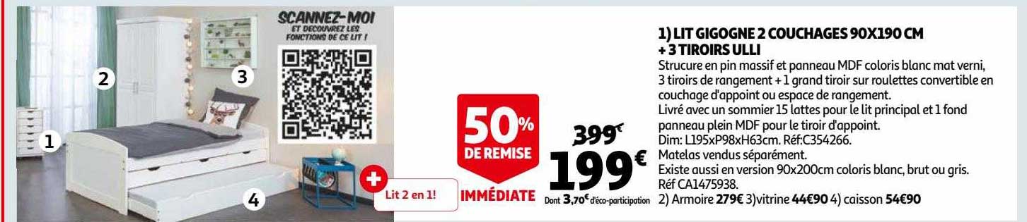 lit gigogne 2 couchage 90 x 190 cm + 3 tiroirs ulli