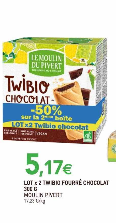 lot x 2 twibio fourré chocolat moulin pivert - 300 g