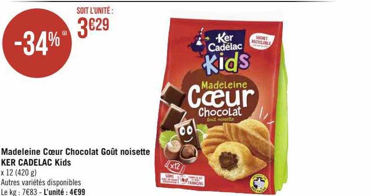 madeleine coeur chocolat goût noisette ker cadelac kids