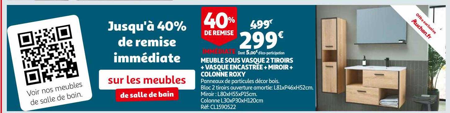 meuble sous vasque 2 tiroirs + vasque encastrée + miroir + colonne roxy