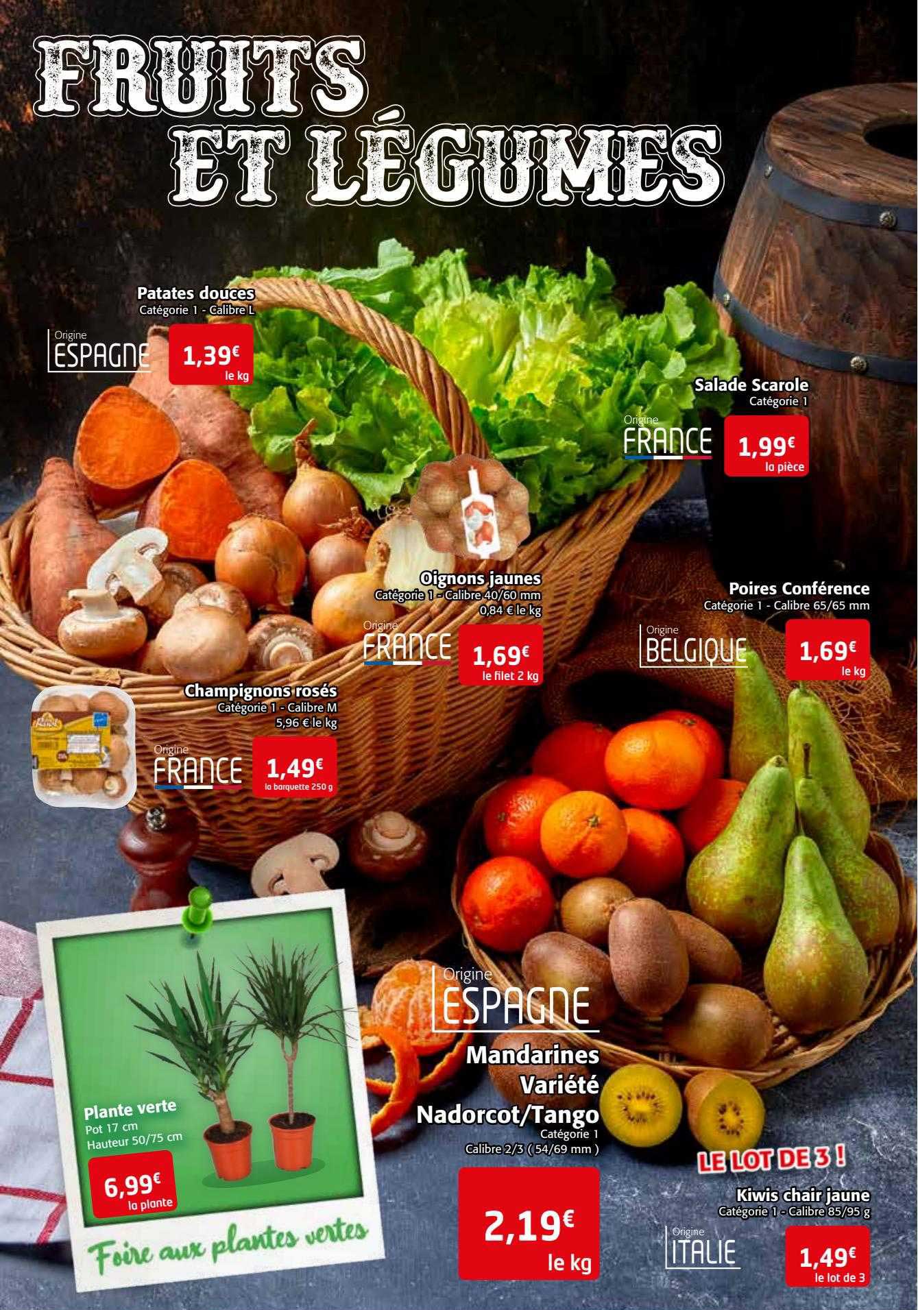 patates douces, oignons jaunes, champignons rosés, salade scarole, poires conférence, mandarines variété nadorcot-tango, kiwis chair jaune