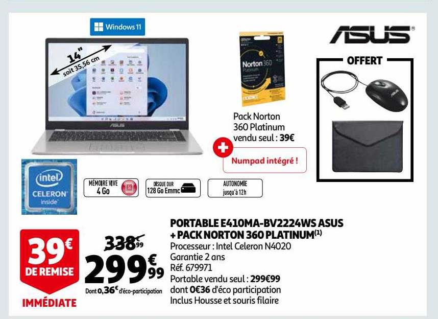 portable e410a-bv2224ws asus + pack norton 360 platinum