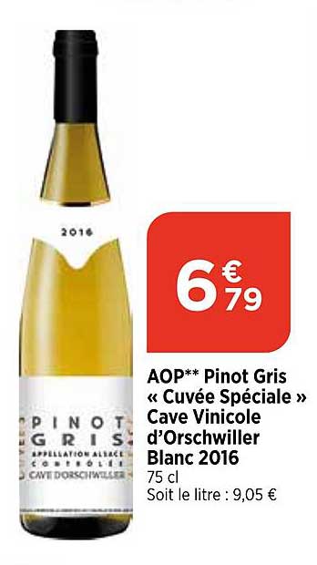 aop pinot gris «cuvée spéciale» cave vinicole d'orschwiller blanc 2016