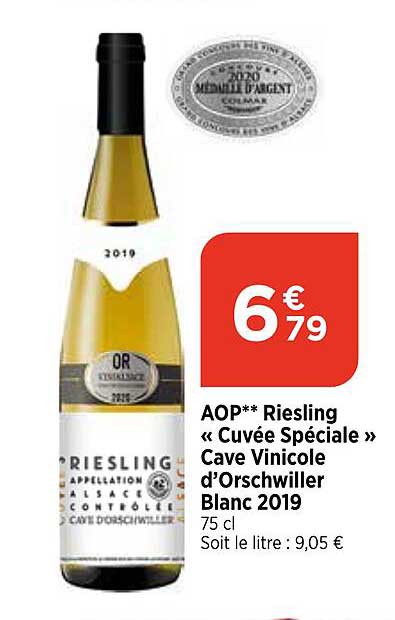 Aop Riesling «cuvée Spéciale» Cave Vinicole D'orschwiller Blanc 2019