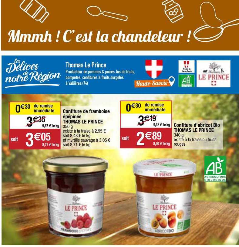 confiture de framboise épépinée thomas le prince, confiture d'abricot bio thomas le prince