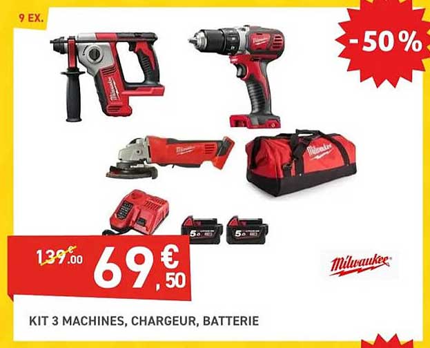kit 3 machines, chargeur, batterie milwaukee