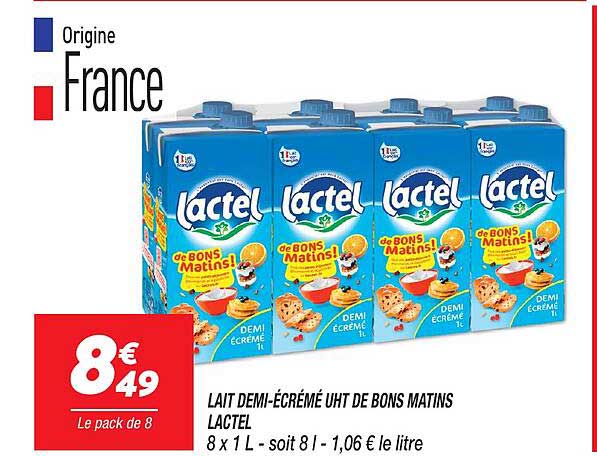 lait demi-écrémé uht de bons matins lactel