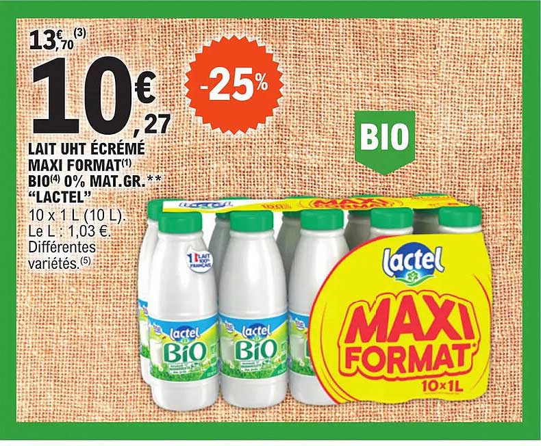lait uht écrémé maxi format bio 0% mat.gr. "lactel"