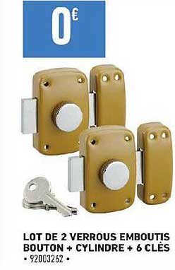 lot de 2 verrous emboutis bouton + cylindre + 6 clés