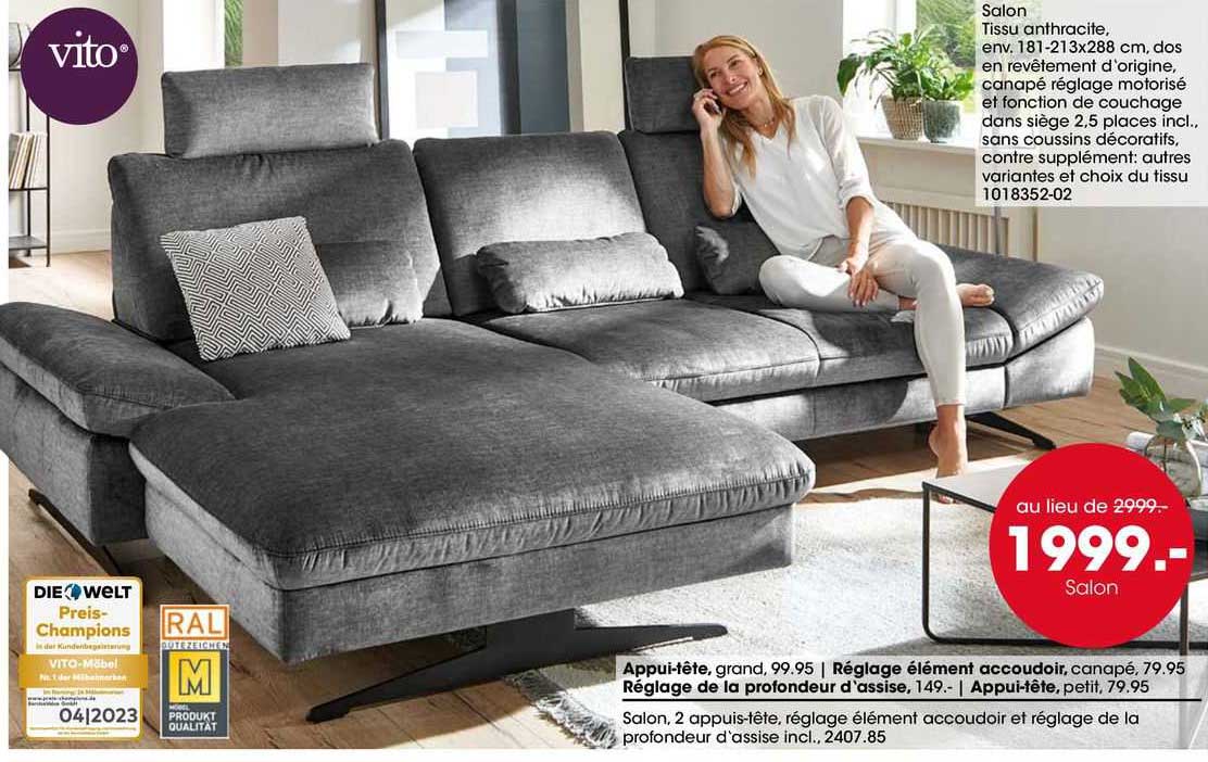 salon, appui-tête, réglage élément accoudoir, réglage de la profondeur d'assise, appui-tête