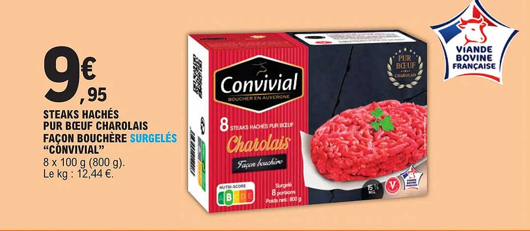 steaks hachés pur boeuf charolais façon bouchère surgelés "convivial"