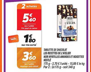 tablette de chocolat les recettes de l'atelier noir myrtilles amandes et noisettes nestlé