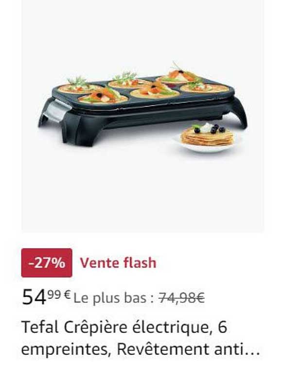 tefal crêpière électrique, 6 empreintes, revếtement anti...