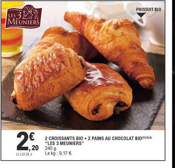 2 Croissants Bio + 2 Pains Au Chocolat Bio "les 3 Meuniers"