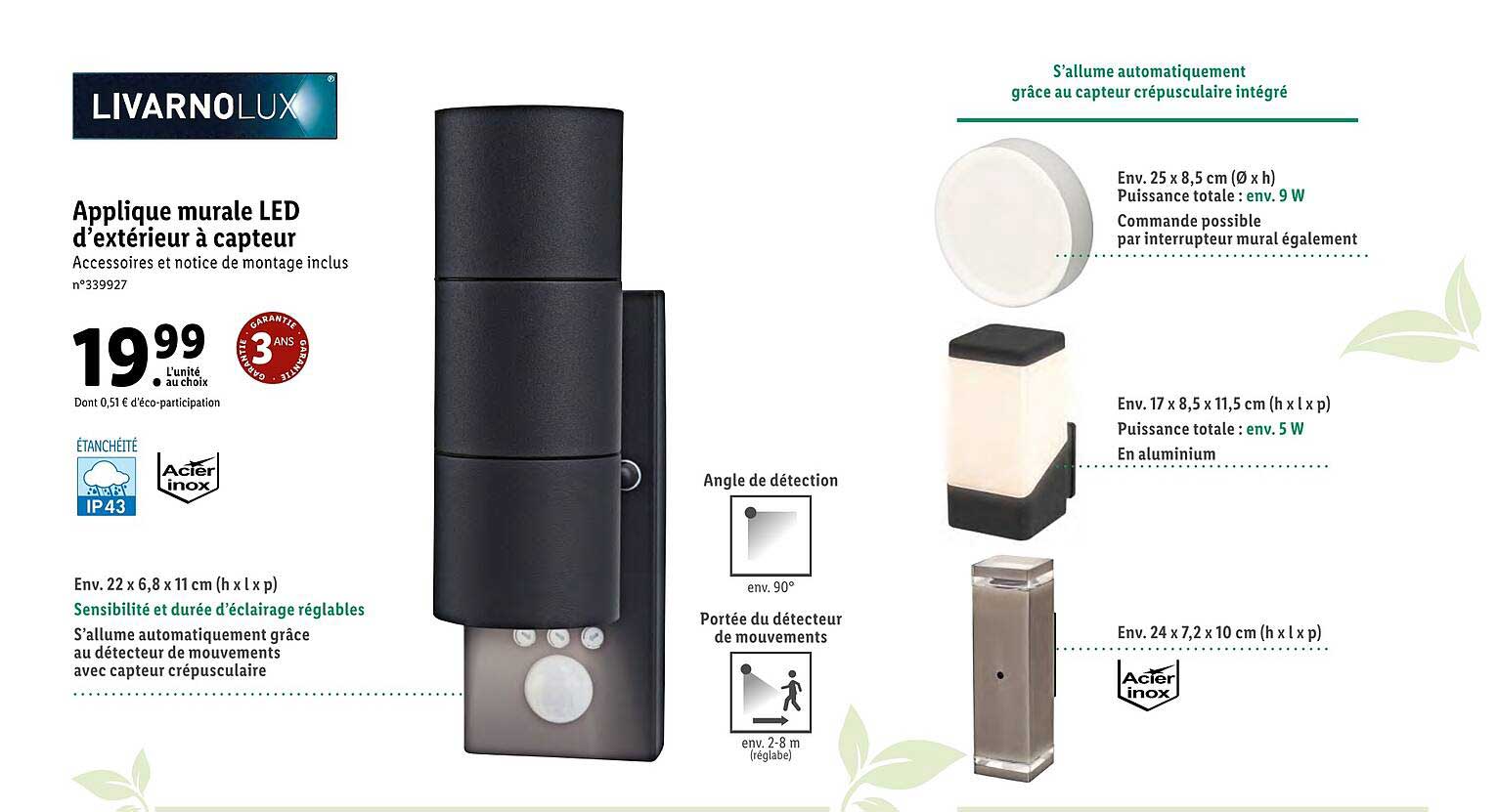 applique murale led d'extérieur à capteur livarnolux
