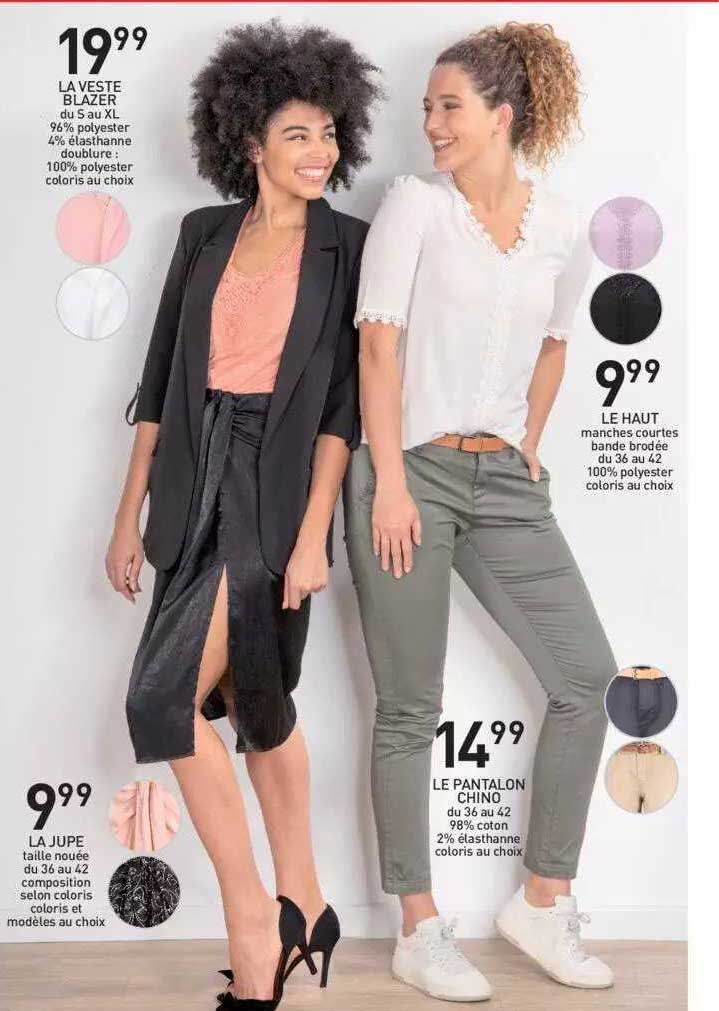 la veste blazer, le haut, la jupe, le pantalon chino