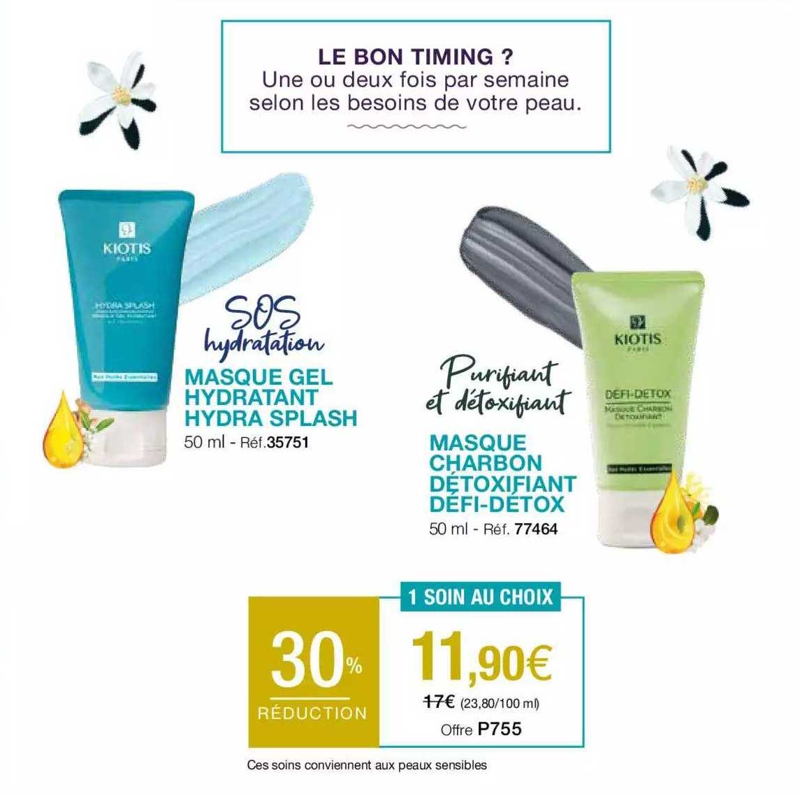 masque gel hydratant hydra splash ou masque charbon détoxifiant défi-détox kiotis