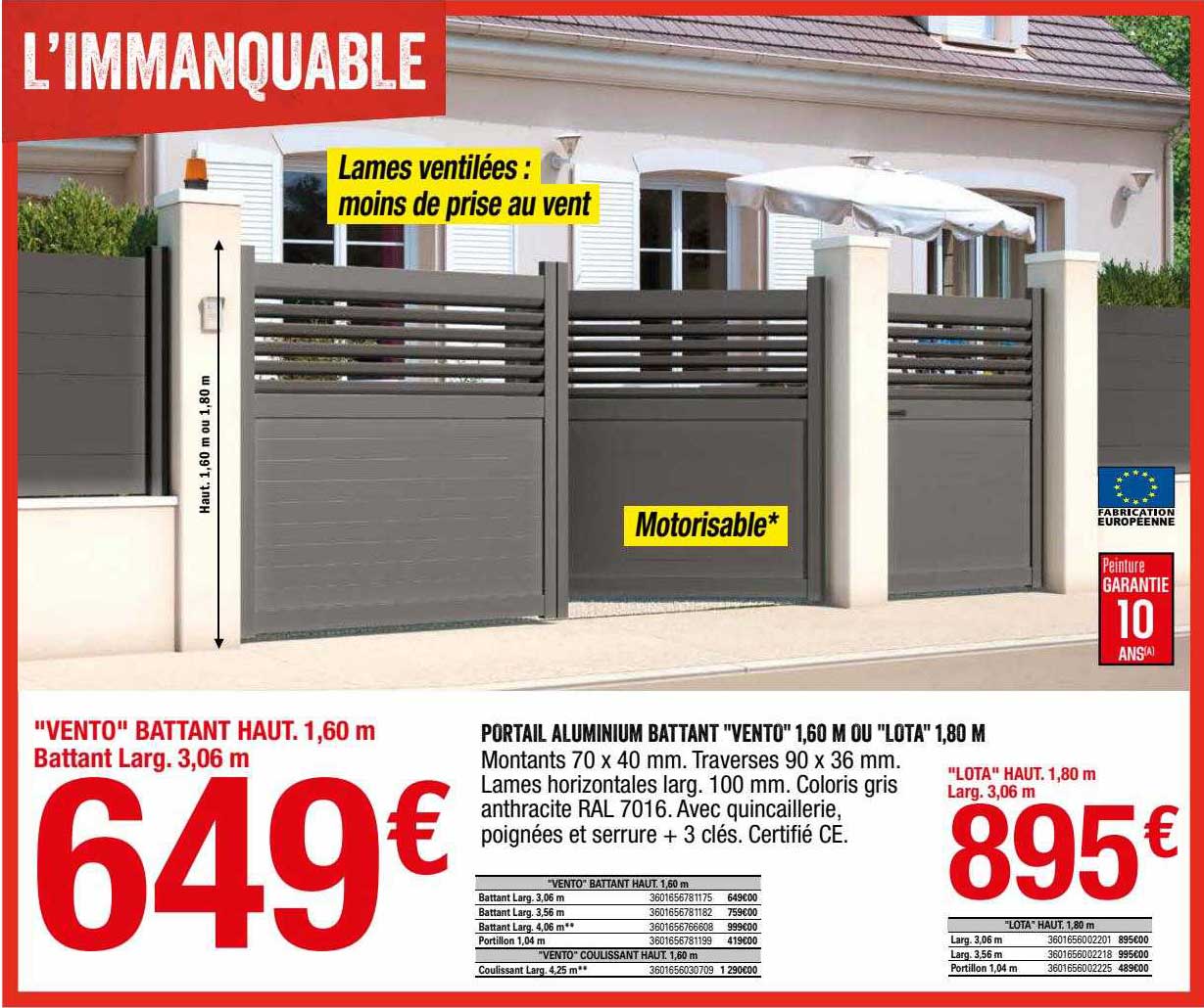 Portail Aluminium Battant "vento" 1,60 M Ou "lota" 1,80 M