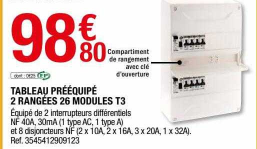 tableau pré équipé 2 rangées 26 modules t3
