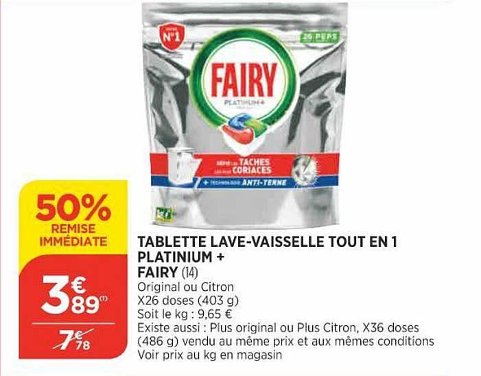 tablette lave-vaisselle tout en 1 platinium + fairy