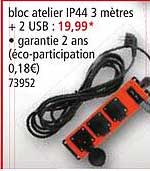 bloc atelier ip44 3 mètres + 2 usb