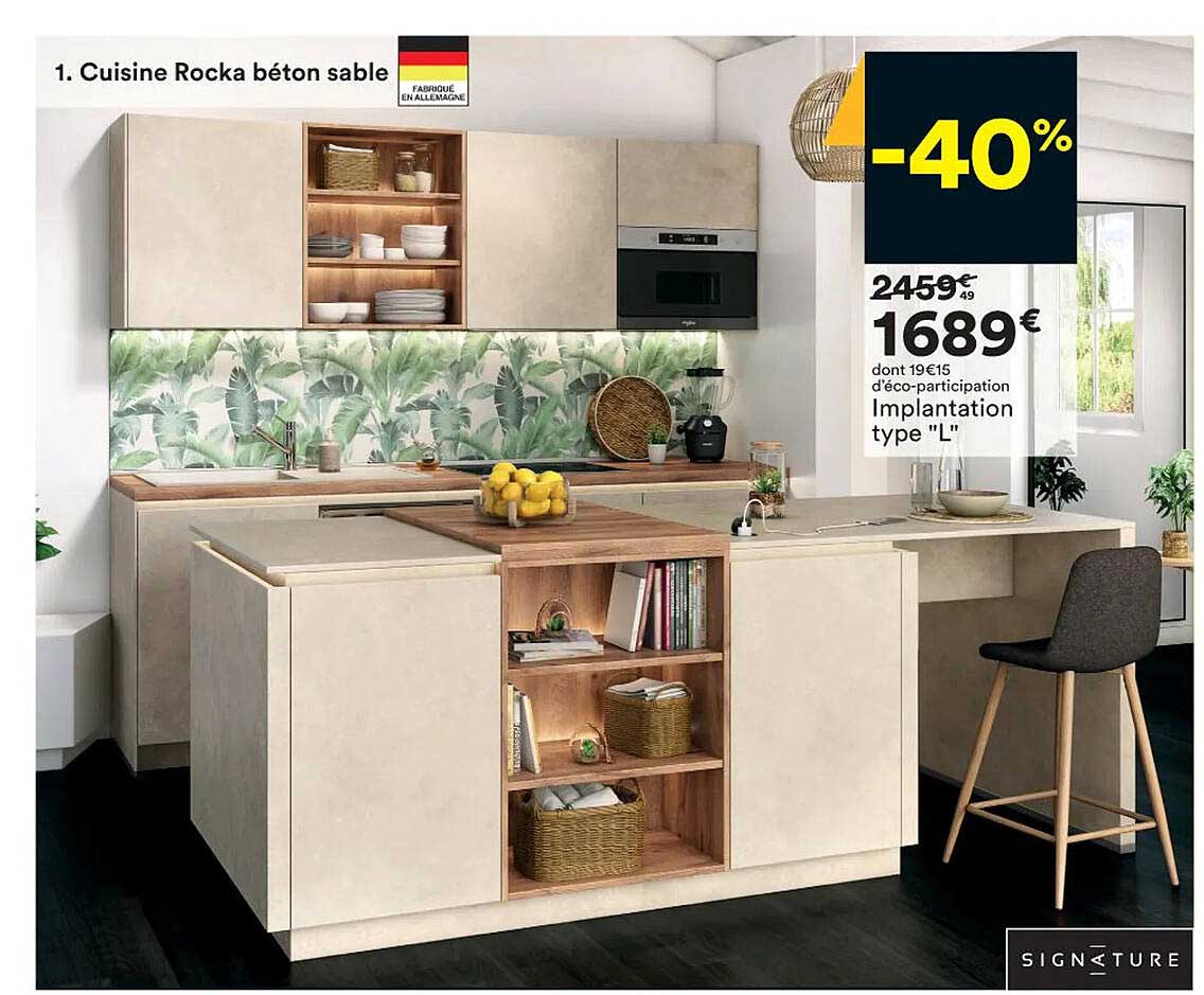 cuisine rocka béton sable, implantation type "l" signature