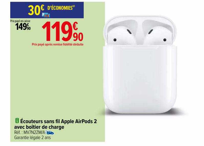 écouteurs sans fil apple airpods 2 avec boîtier de charge