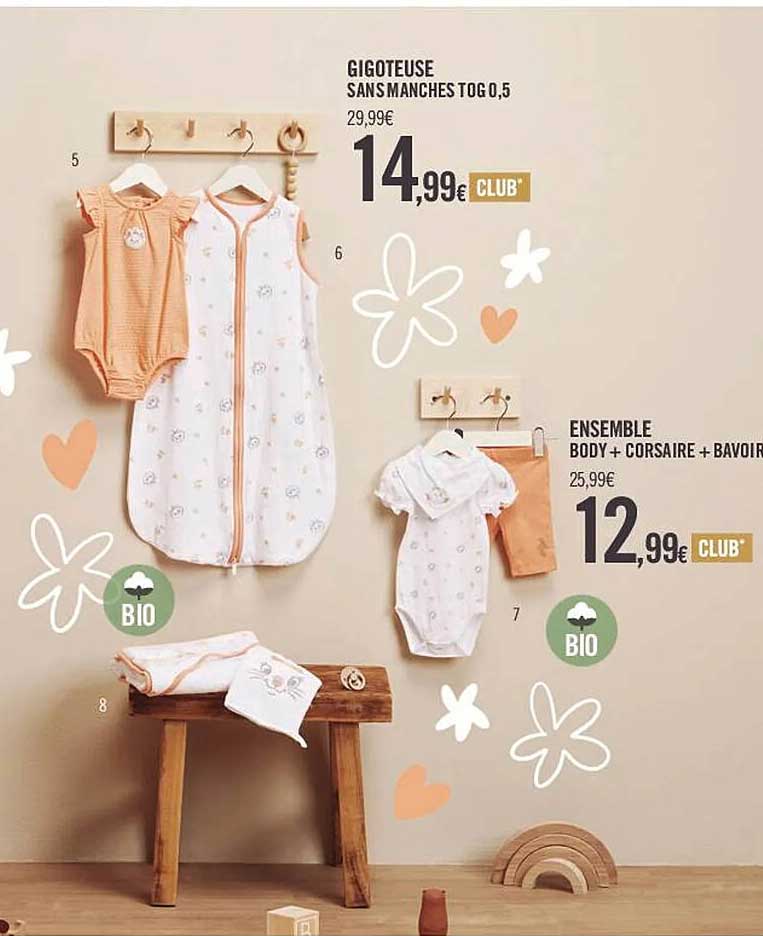 gigoteuse sans manches togo, 5, ensemble body + corsaire + bavoir