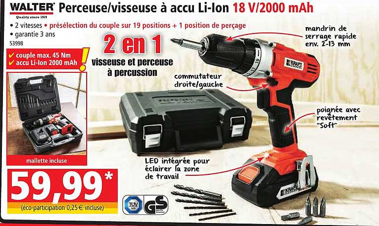 Perceuse - Viseuse à Accu Li-ion 18 V-2000 MAh Walter