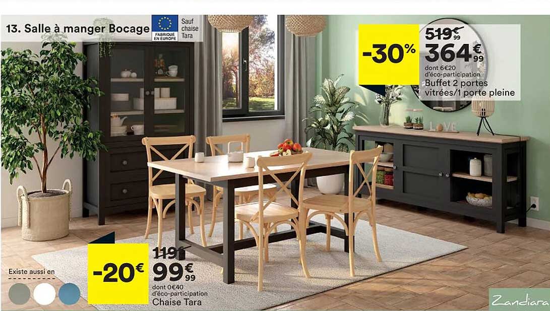 salle à manger bocage : chaise tara zandiara, buffet 2 portes vitrées - 1 porte pleine zandiara