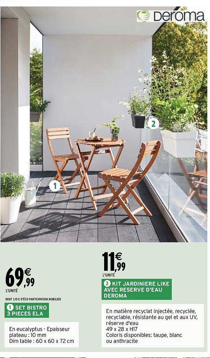 set bistro 3 pièces ela, kit jardinière like avec réserve d'eau deroma