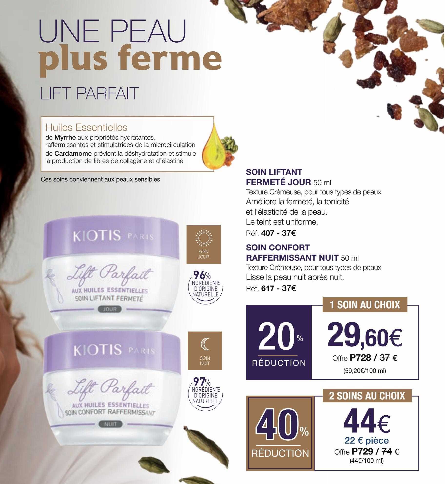 soin liftant fermeté jour, soin confort raffermissant nuit kiotis