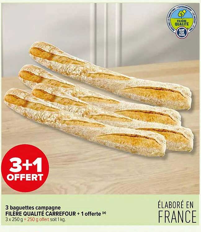 3 Baguettes Compagne Filière Qualité Carrefour + 1 Offerte