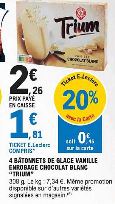 4 bâtonnets de glace vanille enrobage chocolat blanc "trium"