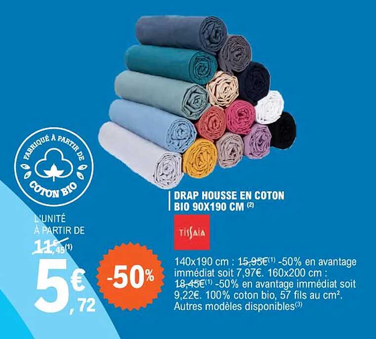 drap housse en coton bio 90x190 cm