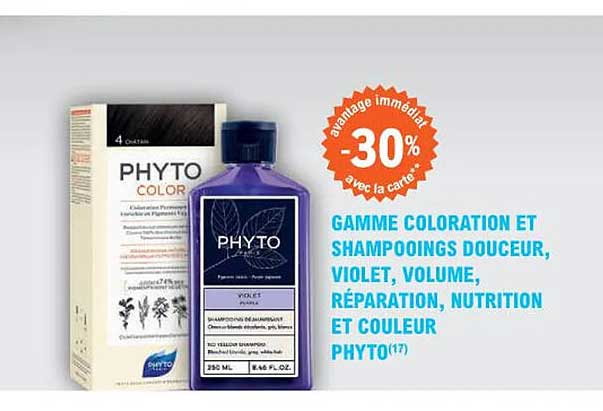 gamme coloration et shampooings douceur, violet, volume, réparation, nutrition et couleur phyto