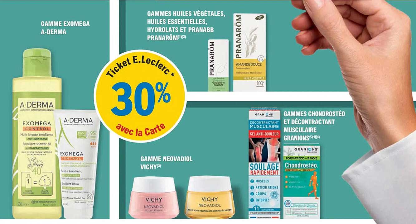 gamme exomega a-derma, gammes huiles végétales, huile essentielles, hydrolats et pranabb pranarôm, gamme neovadiol vichy, gammes chondrostéo et décontractant musculaire granions